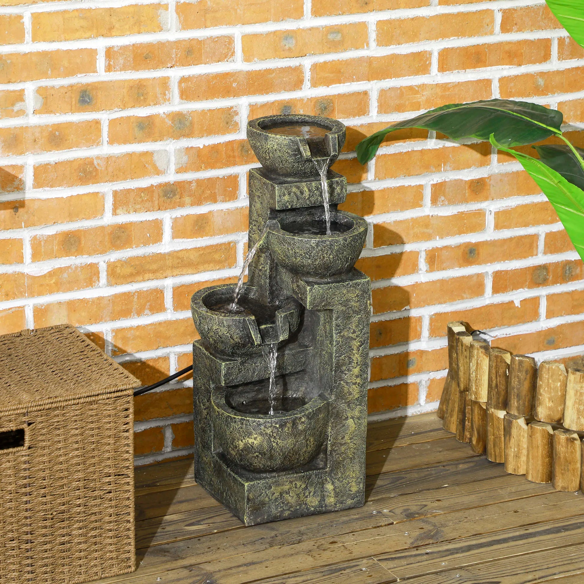 Outsunny 4-Tier Garden Water Feature – Adjustable Flow Stone Look Bowls