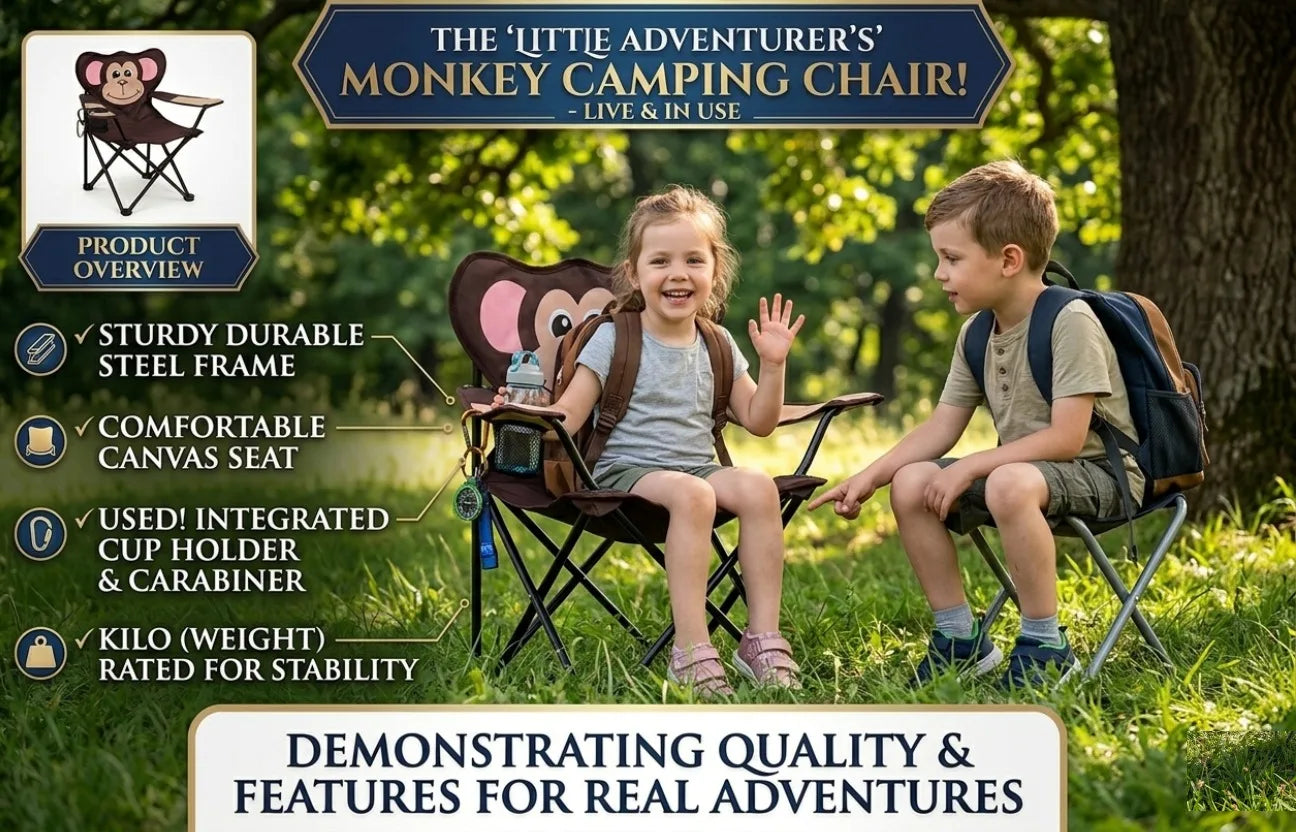 Animal Style Folding Camping Chair – Portable Kids Outdoor Chair with Armrest & Cup Holder