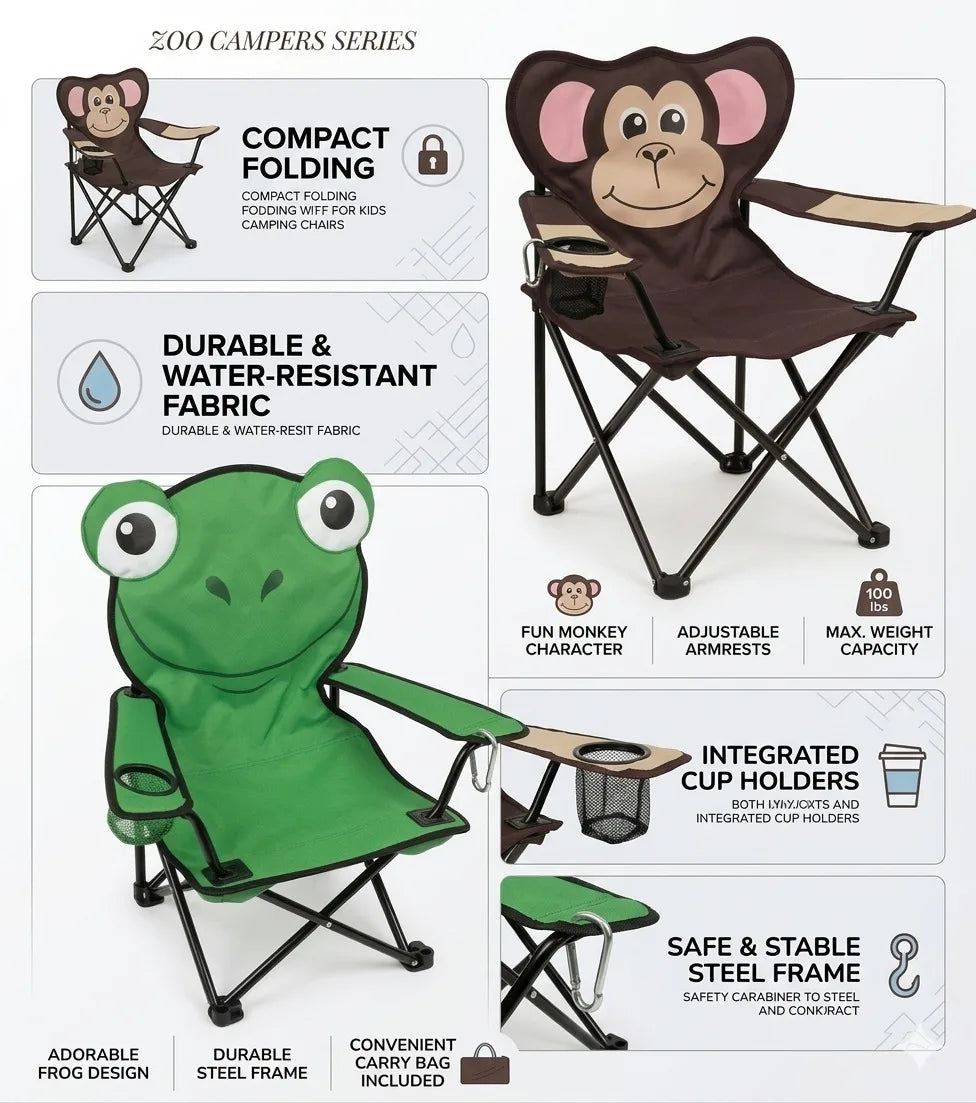Animal Style Folding Camping Chair – Portable Kids Outdoor Chair with Armrest & Cup Holder