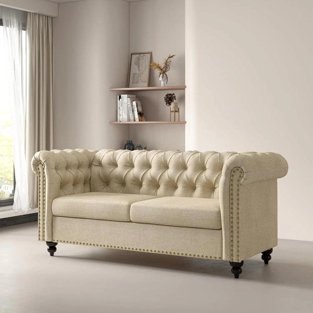 mcc direct Grand canapé 2 places de style Chesterfield avec dossier capitonné, en tissu de lin pour salon, bureau, chambre Victoria