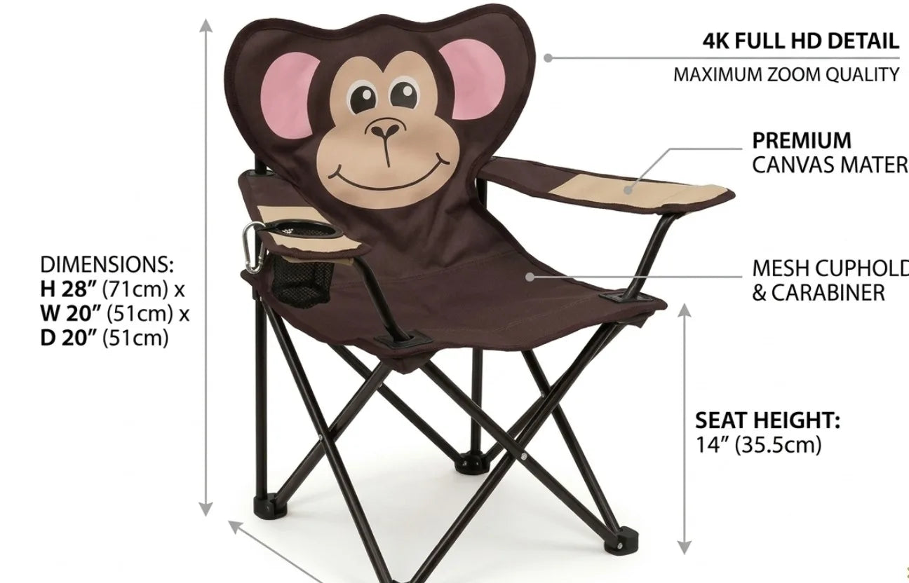 Animal Style Folding Camping Chair – Portable Kids Outdoor Chair with Armrest & Cup Holder
