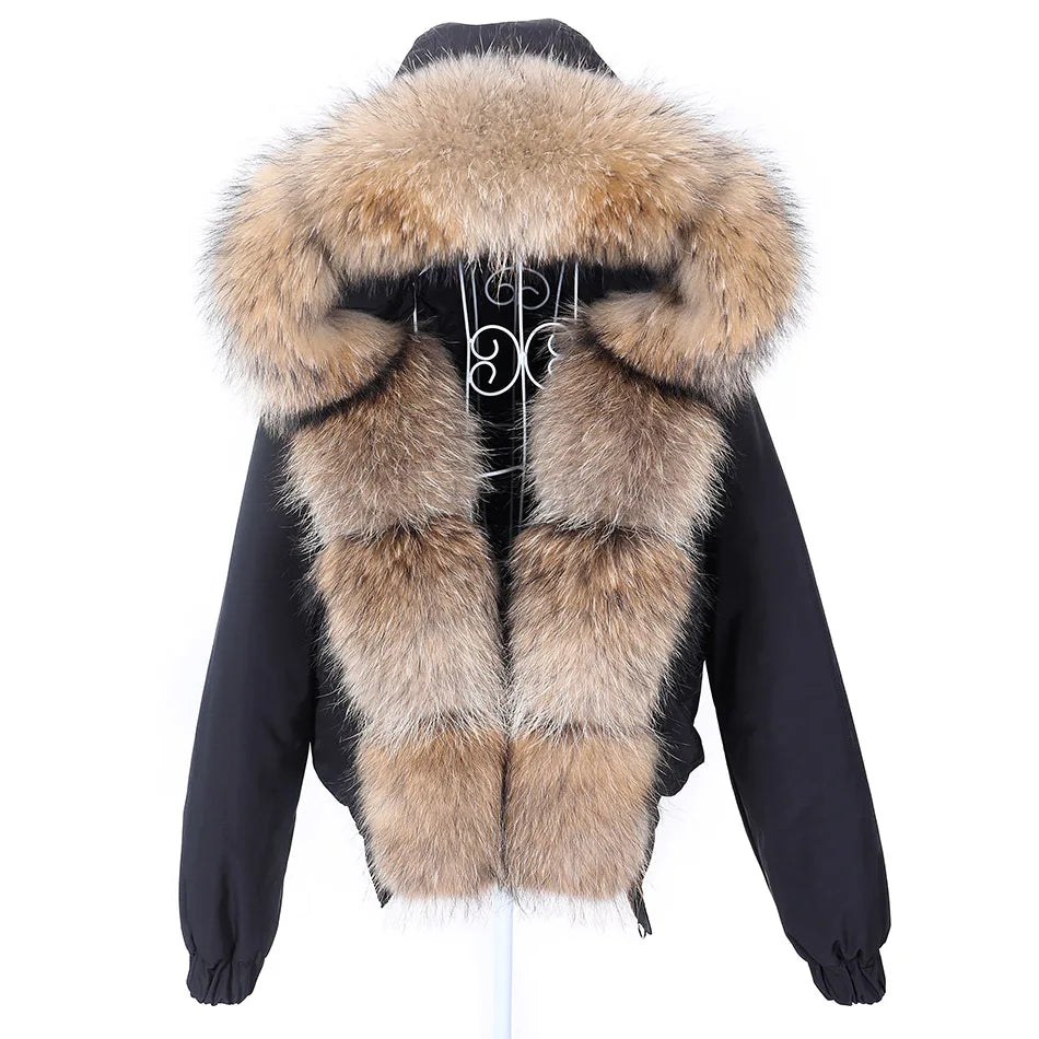MAOMAOKONG Women’s Real Fox Fur Bomber Jacket – Short Winter Parka with Raccoon Fur Collar