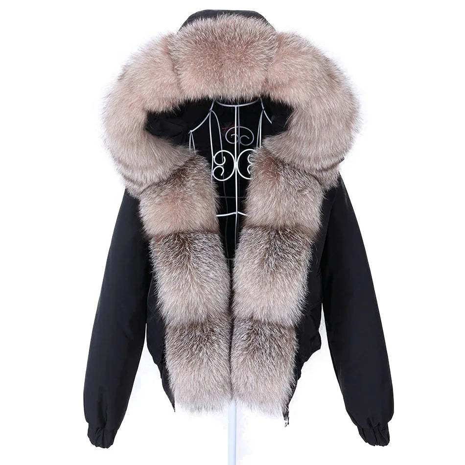 MAOMAOKONG Women’s Real Fox Fur Bomber Jacket – Short Winter Parka with Raccoon Fur Collar