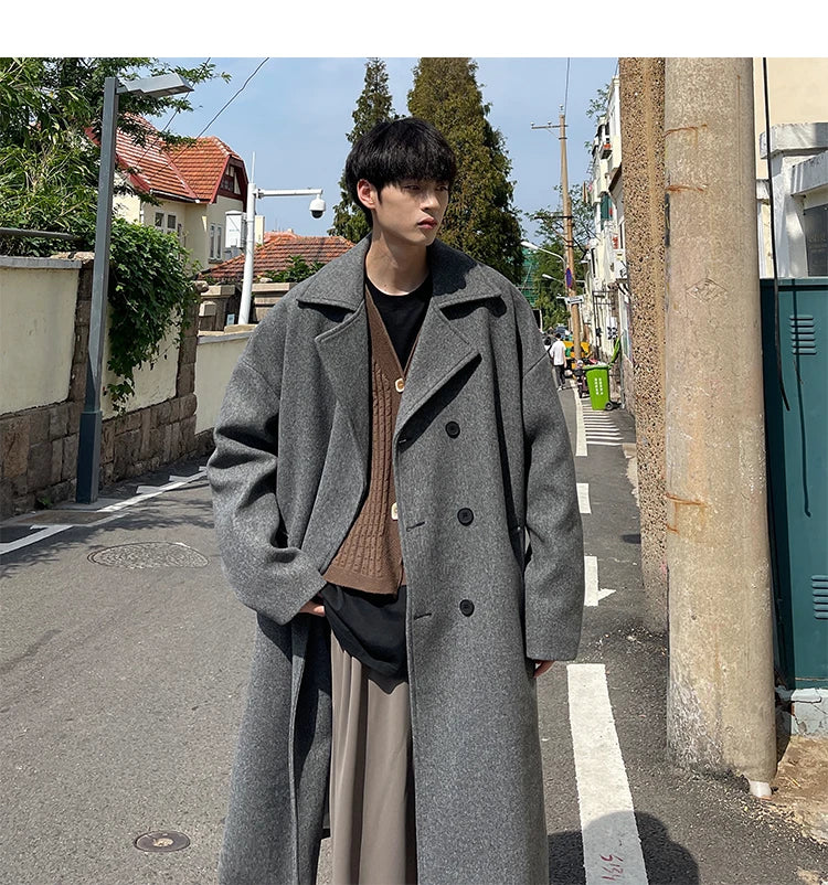 Men’s Long Dust Coat – Korean Style Wool Blend Trench