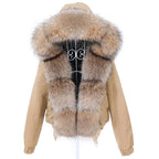 MAOMAOKONG Women’s Real Fox Fur Bomber Jacket – Short Winter Parka with Raccoon Fur Collar