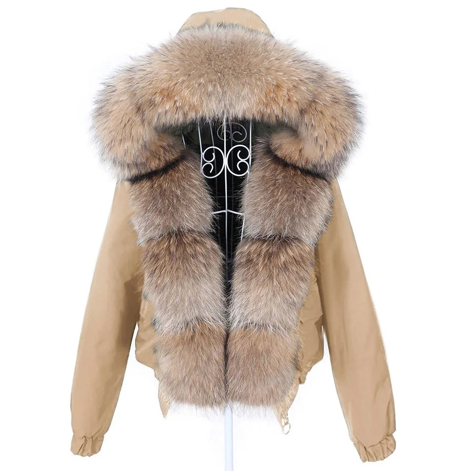MAOMAOKONG Women’s Real Fox Fur Bomber Jacket – Short Winter Parka with Raccoon Fur Collar