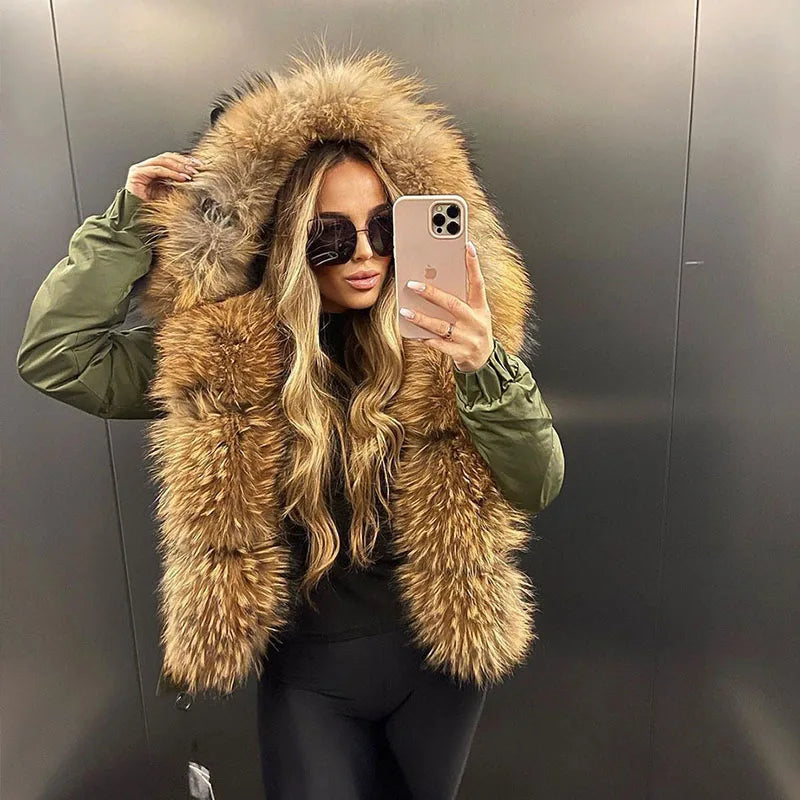 MAOMAOKONG Women’s Real Fox Fur Bomber Jacket – Short Winter Parka with Raccoon Fur Collar