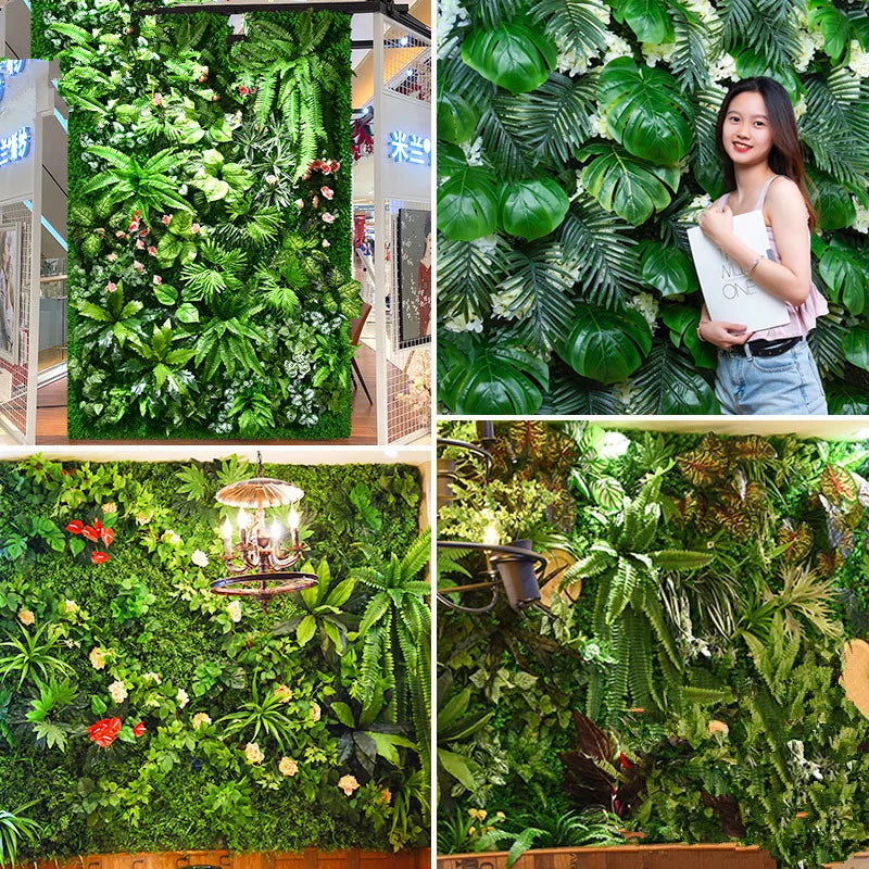 40X60cm 3D Artificial Green Plant Wall Panel – Realistic Grass Flower Wall Background Decor for Wedding, Garden & Outdoor Events