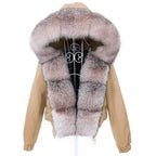 MAOMAOKONG Women’s Real Fox Fur Bomber Jacket – Short Winter Parka with Raccoon Fur Collar