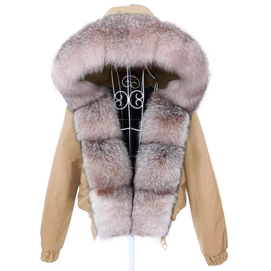 MAOMAOKONG Women’s Real Fox Fur Bomber Jacket – Short Winter Parka with Raccoon Fur Collar