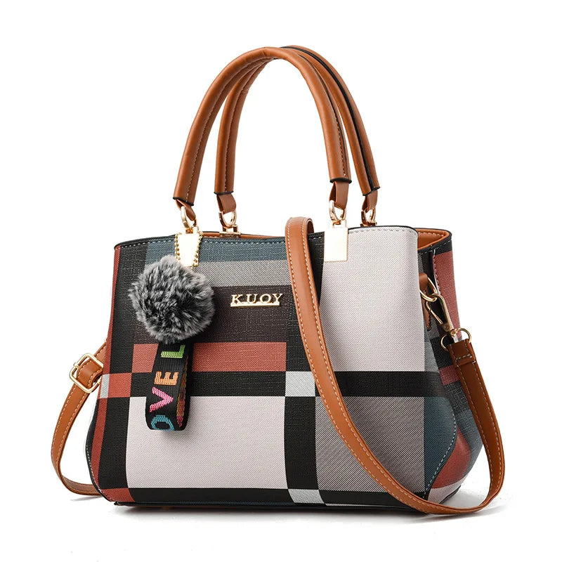 Elegant Designer PU Leather Crossbody & Shoulder Handbag for Women – Plaid Satchel with Fur Tassel