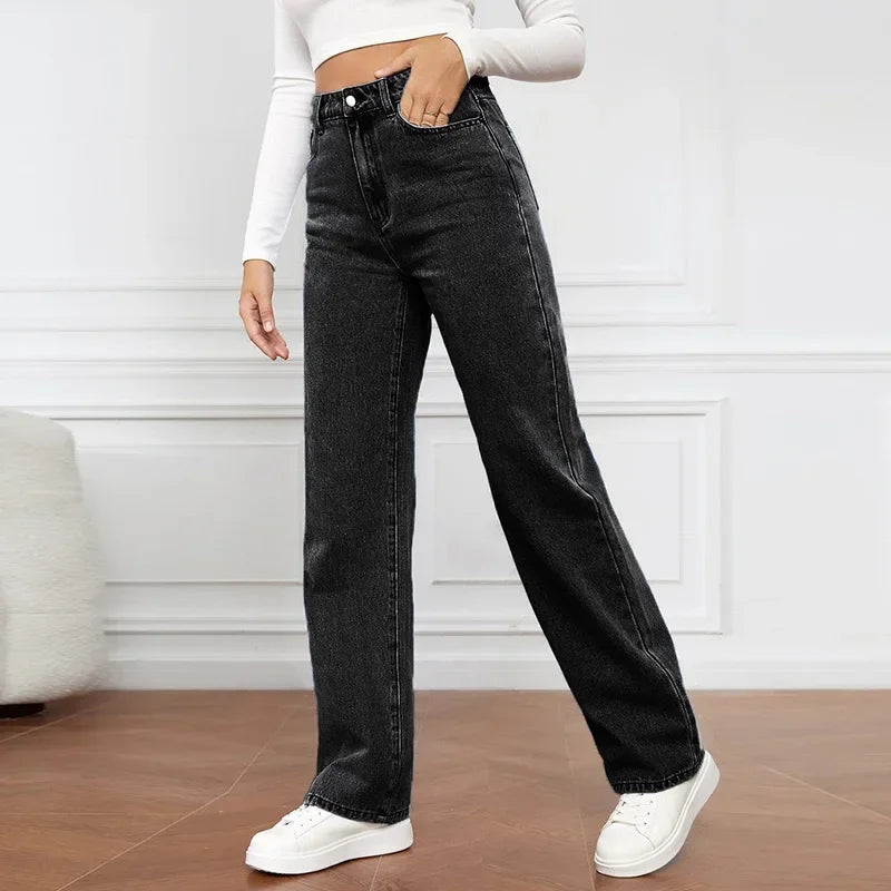 2000s Women’s High Waist Wide Leg Straight Jeans – Y2K Loose Fit Denim Trousers