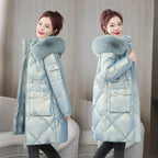 Women’s Champagne Winter Parka – Fur Collar Hooded Cotton-Padded Jacket
