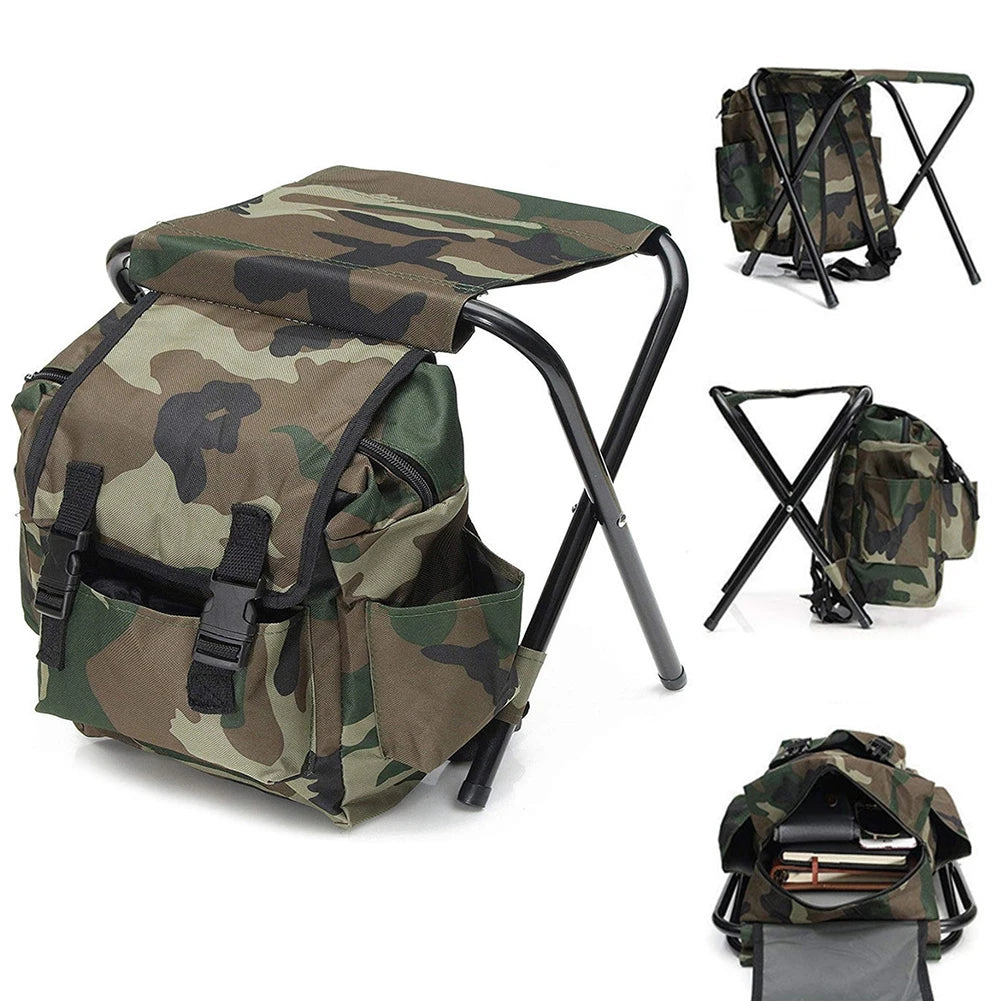 Folding Camping Stool Backpack Chair – Portable Fishing Seat with Storage Bag