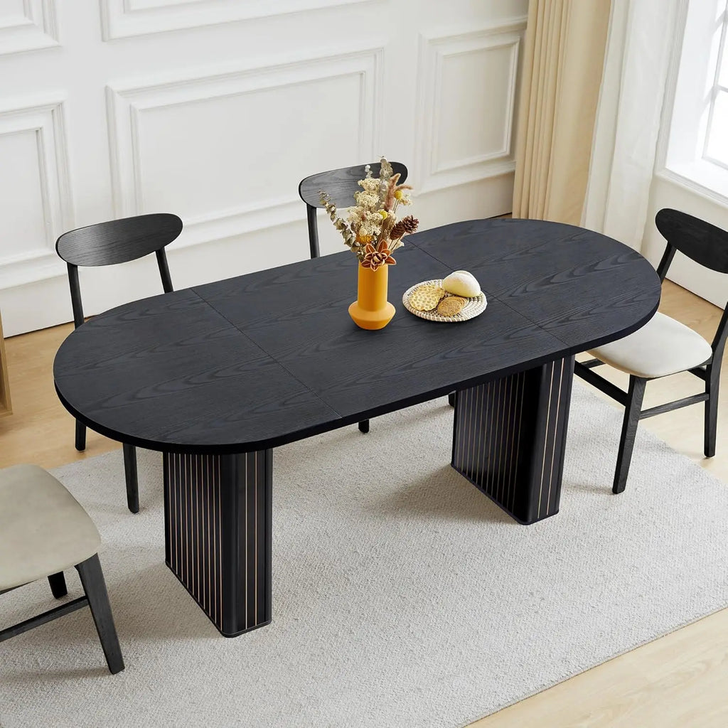 Table de cuisine ronde extensible avec piétement cannelé, style ferme moderne, table de salle à manger extensible de 104 cm à 198 cm pour 4 à 8 personnes