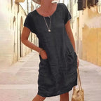 Plus Size 3XL Women Dress Casual Solid Color Short Sleeve Round Neck Pockets Loose Cotton Linen Dress Female Summer Robe