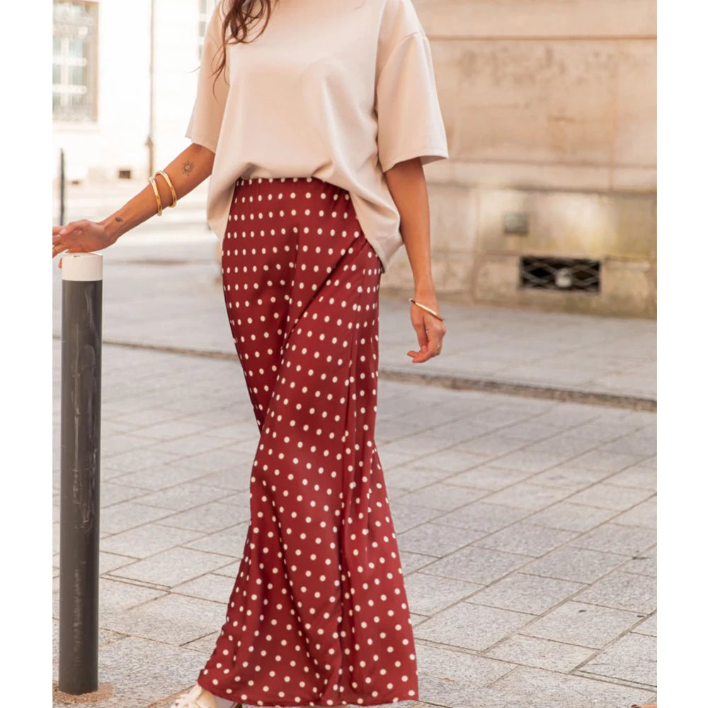 Women Vintage Polka Dot Maxi Skirt – A-Line Flowy Satin Style