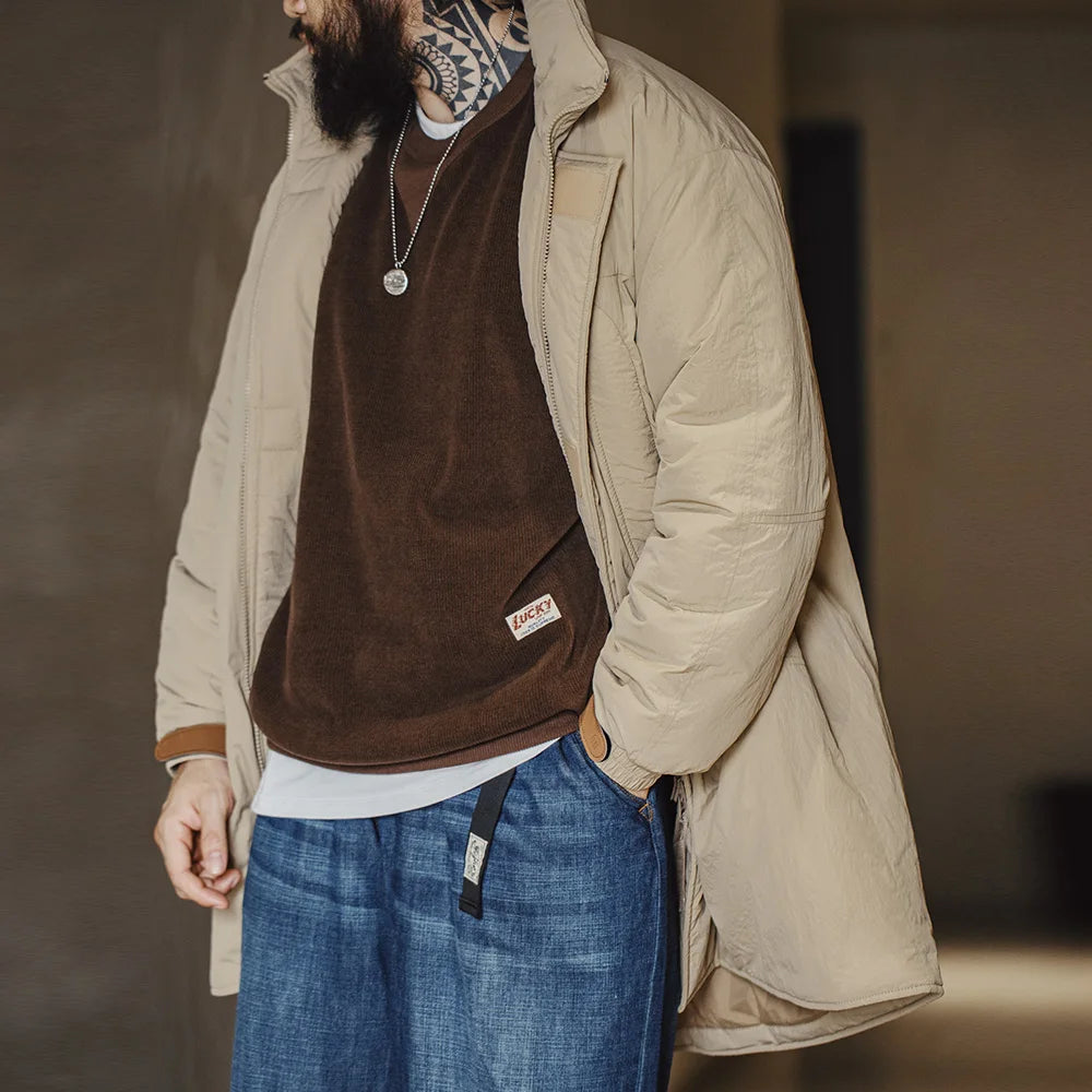 Maden Vintage Mid-length Padding Cotton Jacket – Khaki Hooded Winter Parka