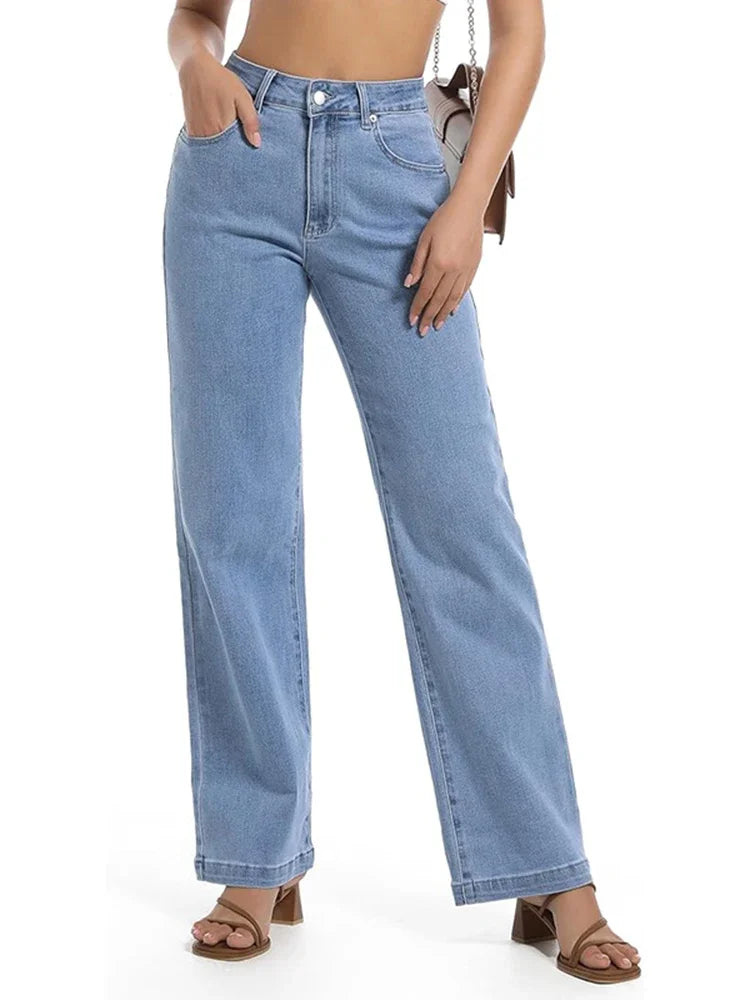 Women’s High Waist Straight Leg Jeans – Stretchy Slim Fit Office Trousers