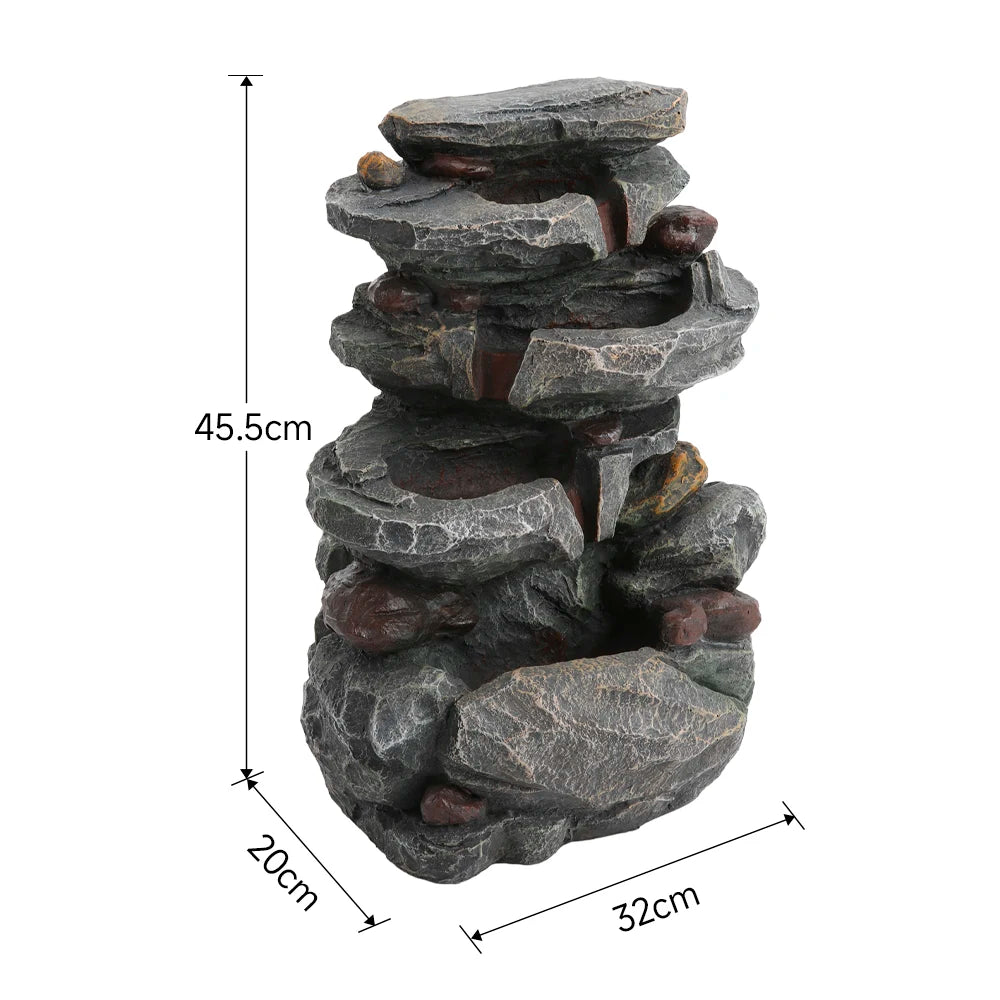 Rustic Outdoor Floor Water Fountain with LED Lights – Cascading Bowls for Patio