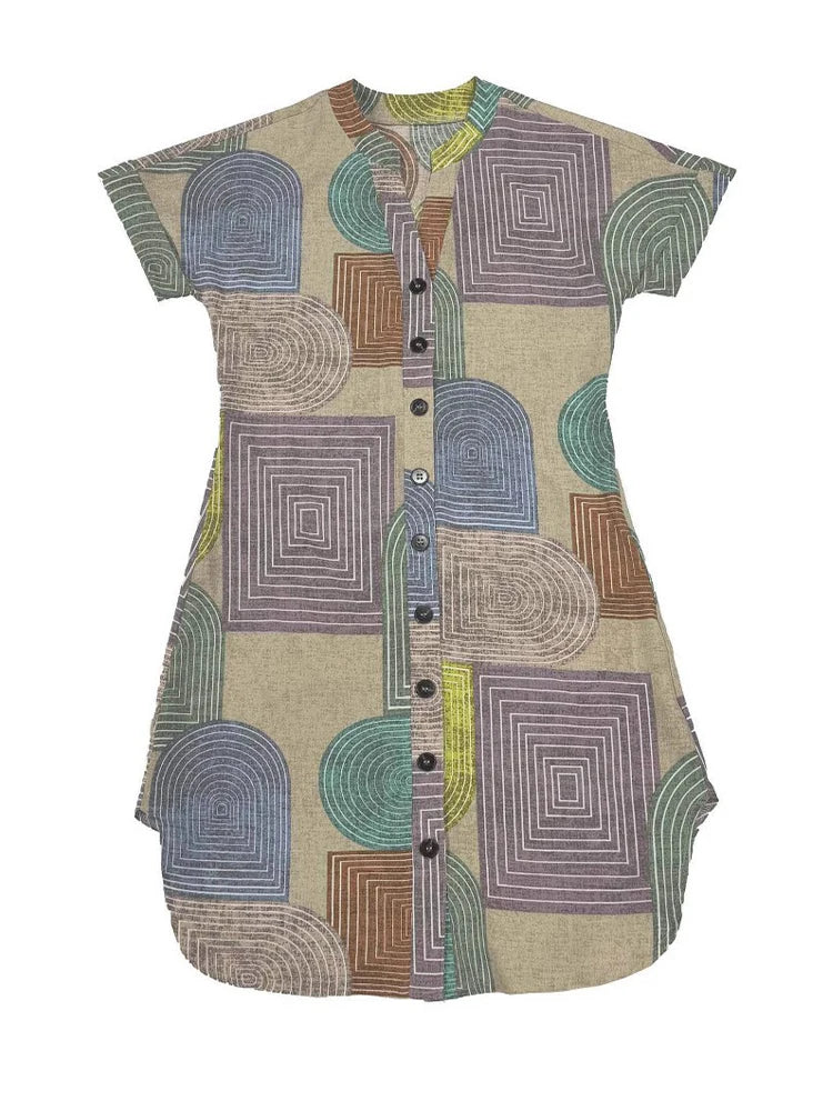 Robe trapèze à imprimé géométrique pour femme – Col en V élégant, boutonnée (été)