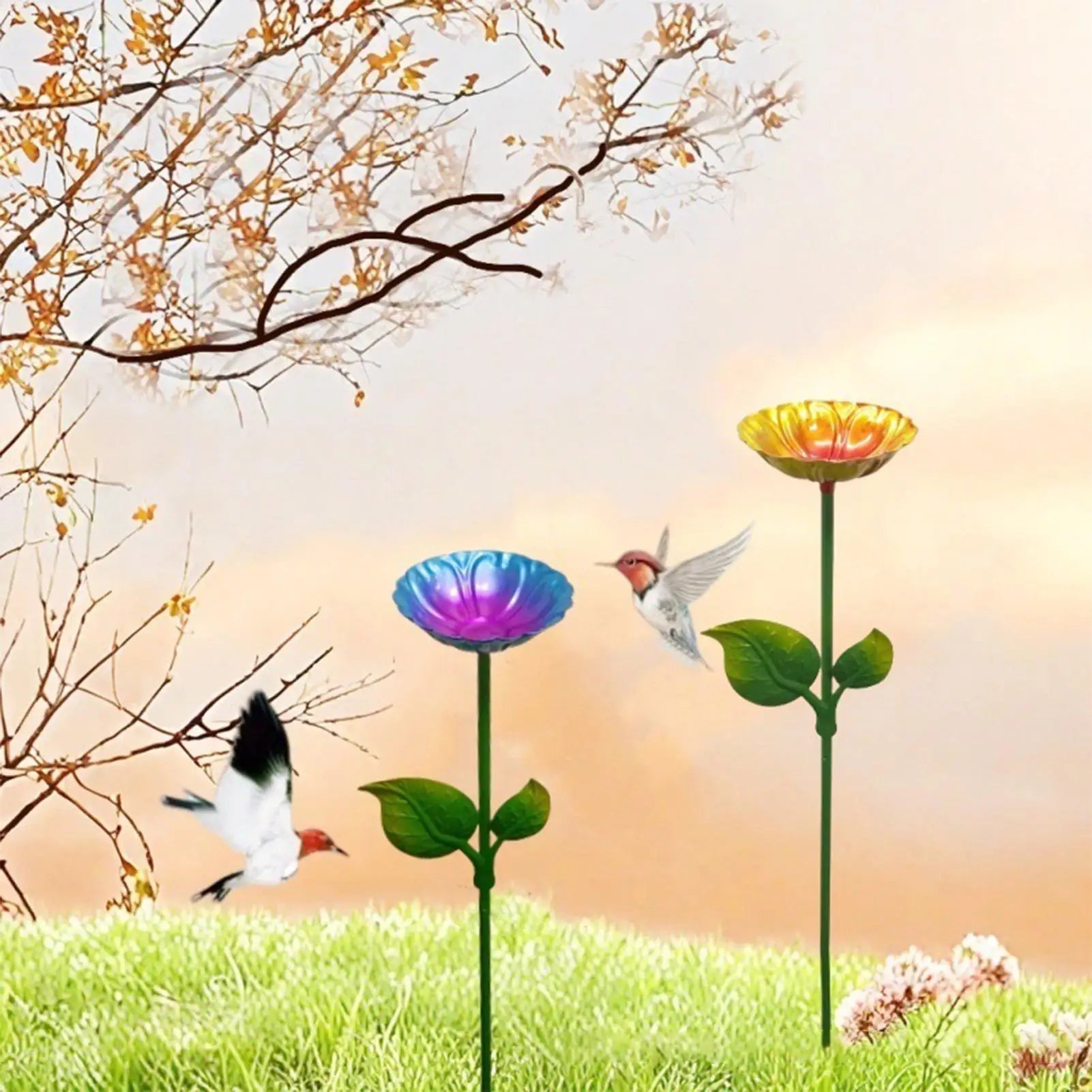 Bee Bath Colorful Bird Feeder Metal Stake – Decorative Bee & Hummingbird Watering Station for Garden, Patio & Yard