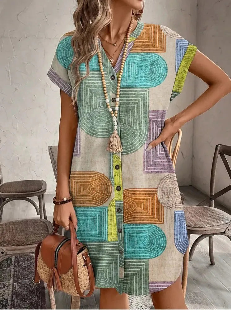 Dames geometrische printjurk – Elegante V-hals met knoopsluiting (zomer)