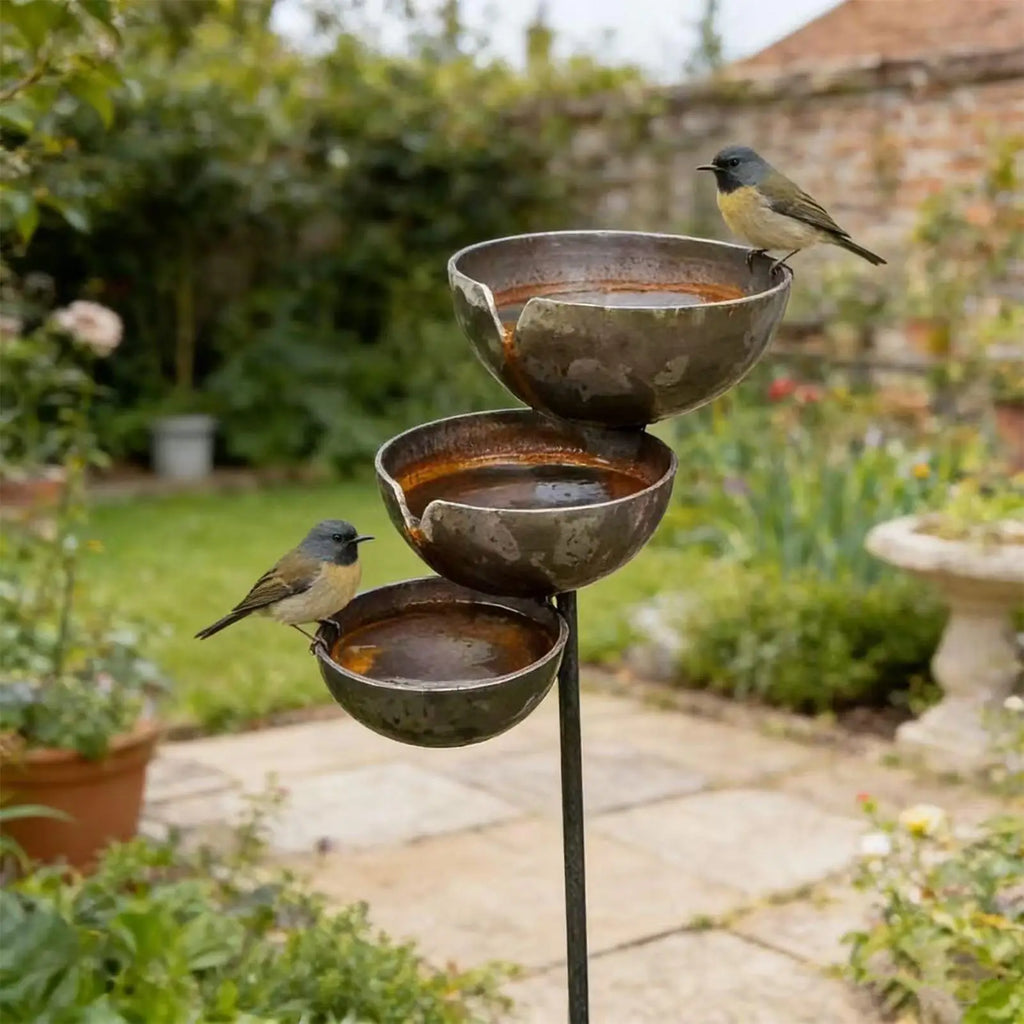 3-Tier Bee & Bird Water Station with Garden Stake – Decorative Outdoor Water Bowl for Bees, Butterflies & Birds
