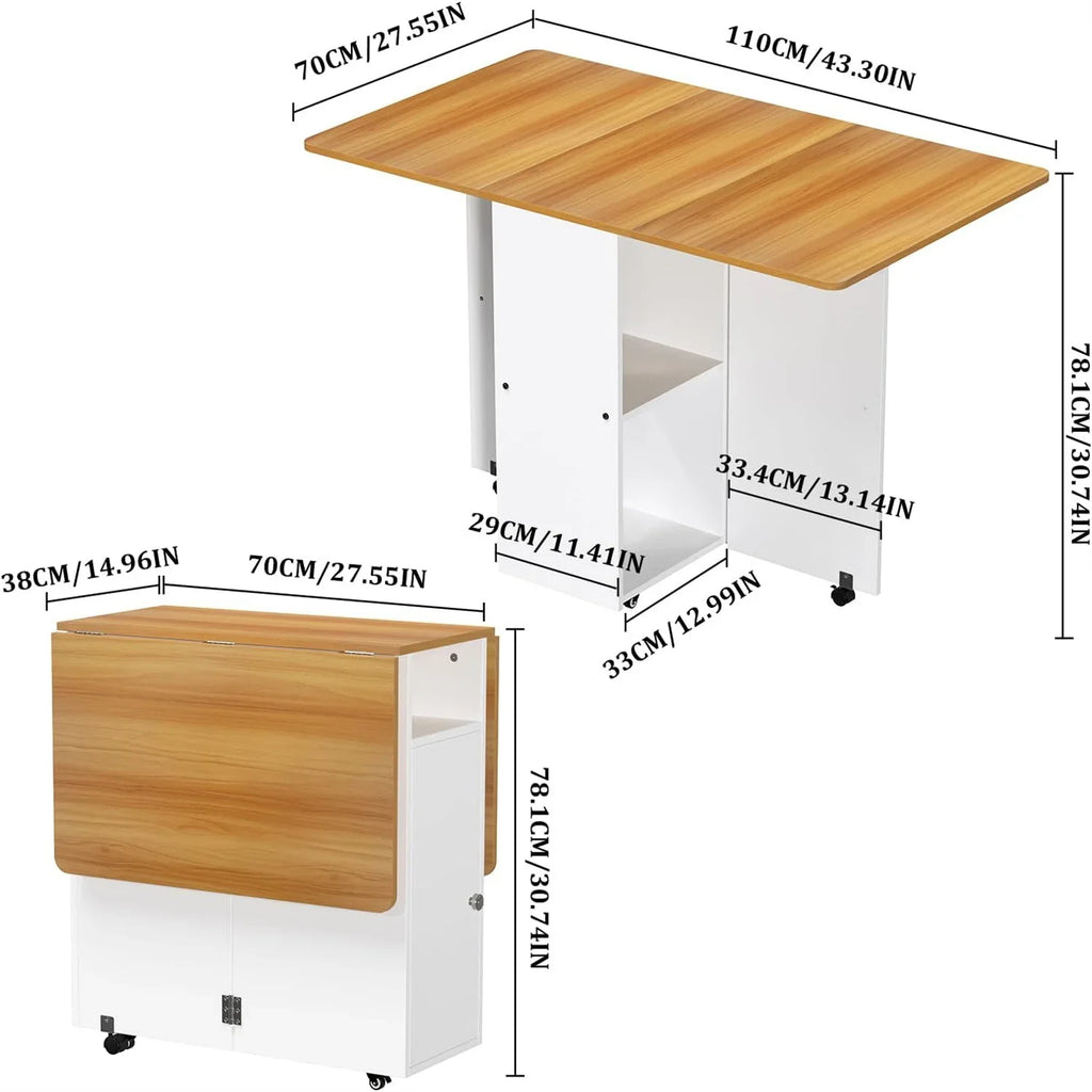 Table à manger pliante multifonctionnelle en bois Rétractable et mobile avec roues et étagères de rangement