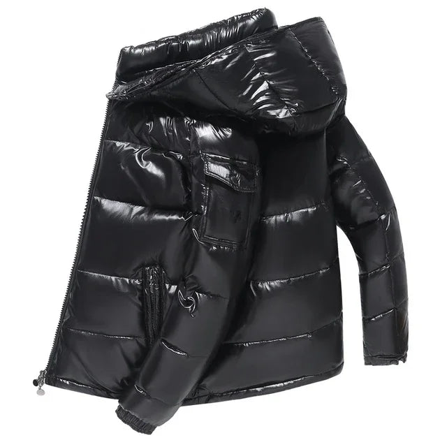 Glossy Short Down Jacket – Thickened Winter Hooded Coat for Men & Women