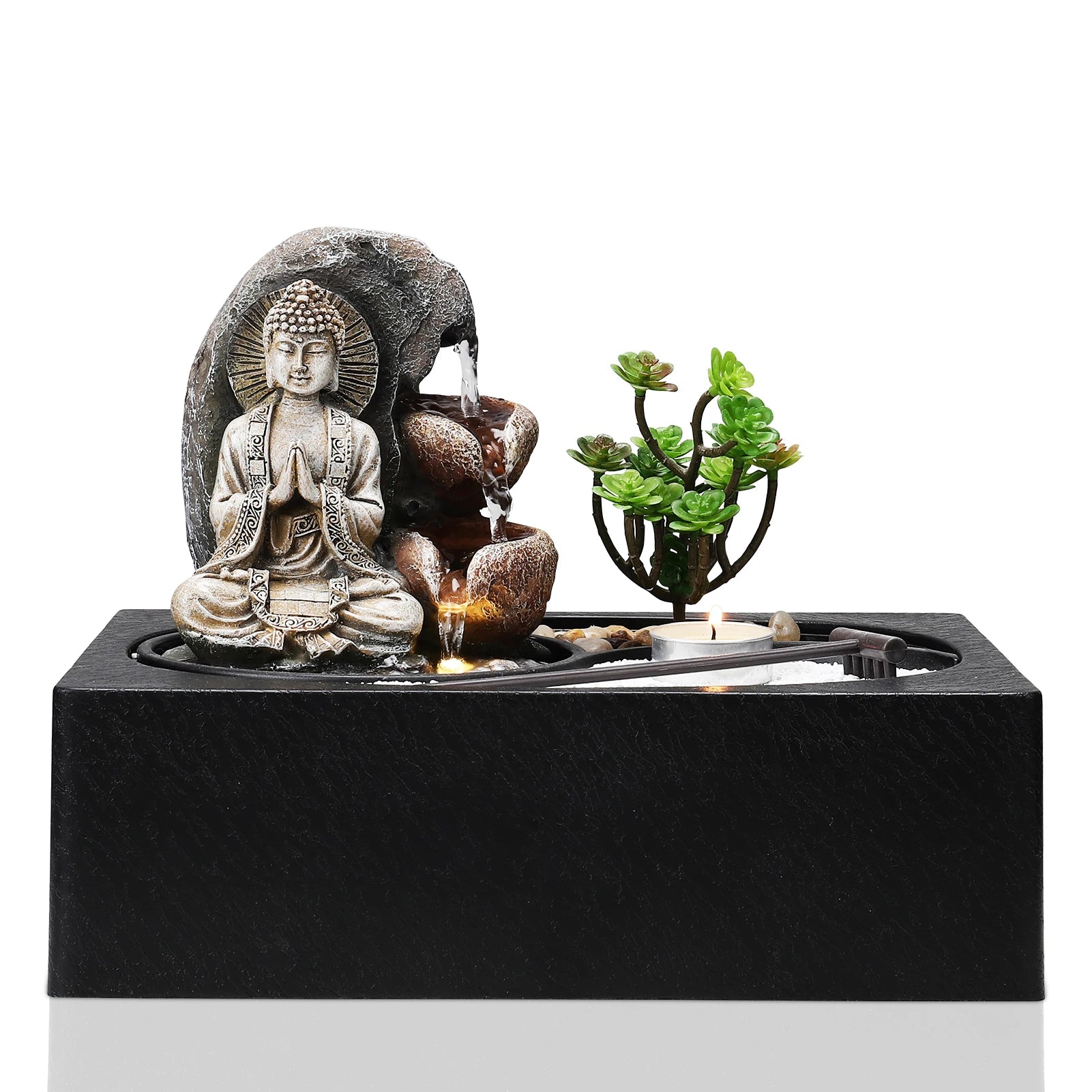 Tabletop Resin Water Fountain with LED Light – Indoor Zen Desk Decor Feature