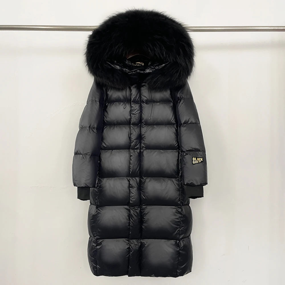 Reality Fur Over-the-Knee Puffer Jacket – Women’s Winter Coat with Raccoon Fur Hood