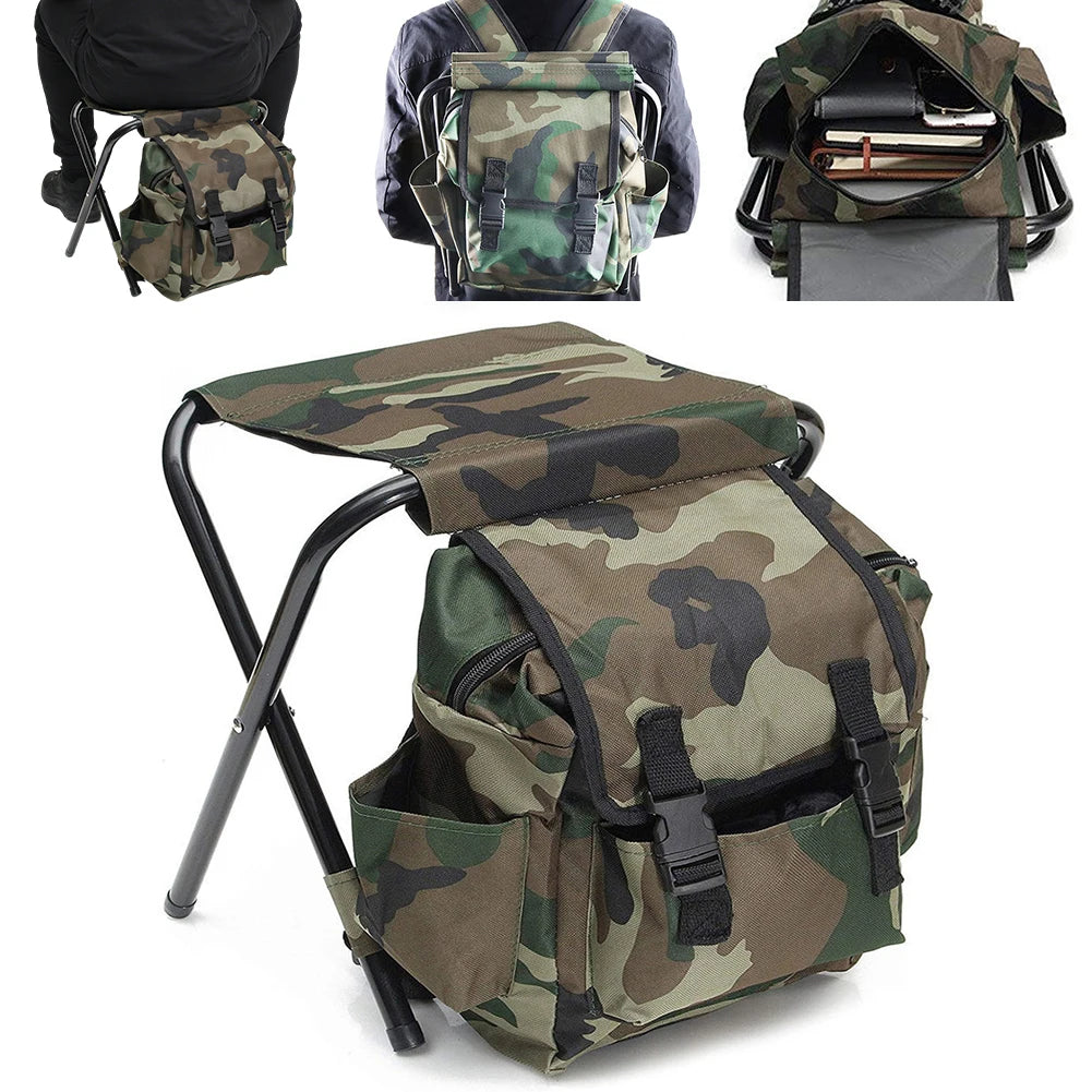 Folding Camping Stool Backpack Chair – Portable Fishing Seat with Storage Bag