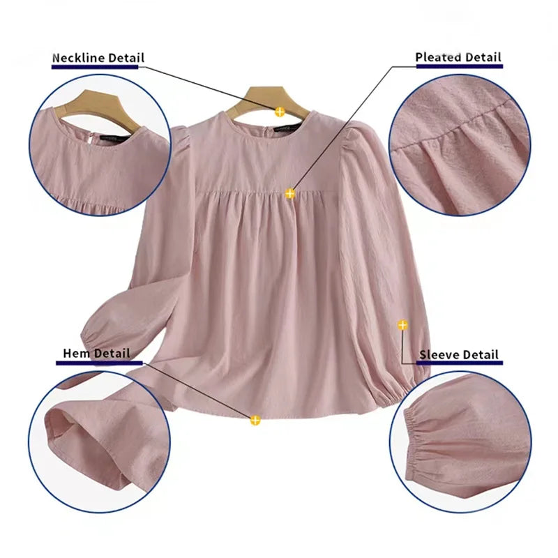 Fashion Elegant Solid Blouse for Women – Long Sleeve O-neck Casual Office Lady Top