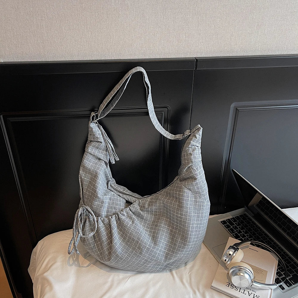 Korean Style Plaid Cow Horn Bag – Large Capacity Canvas Shoulder & Crossbody Bag for Women