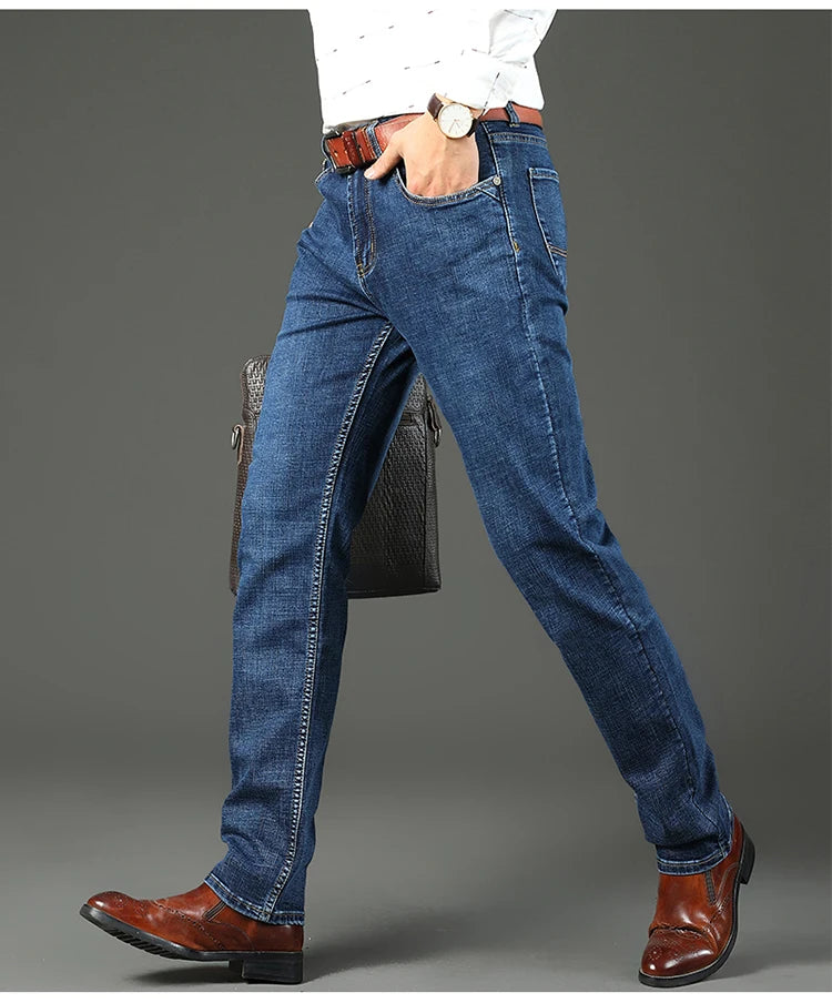 Top Brand Men’s Washed Jeans – High Waist Business Casual Denim Pants