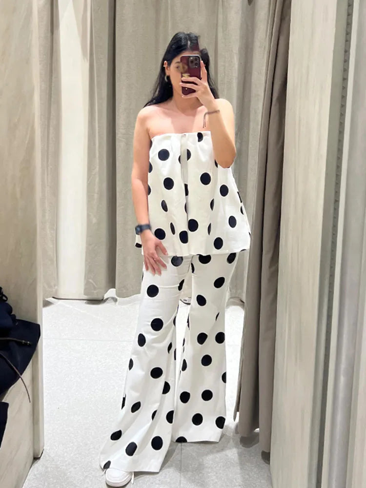 Dames Zomer Mouwloze Rugloze Polka Dot Tweedelige Set – Strapless Top & High-Waist Uitlopende Broek