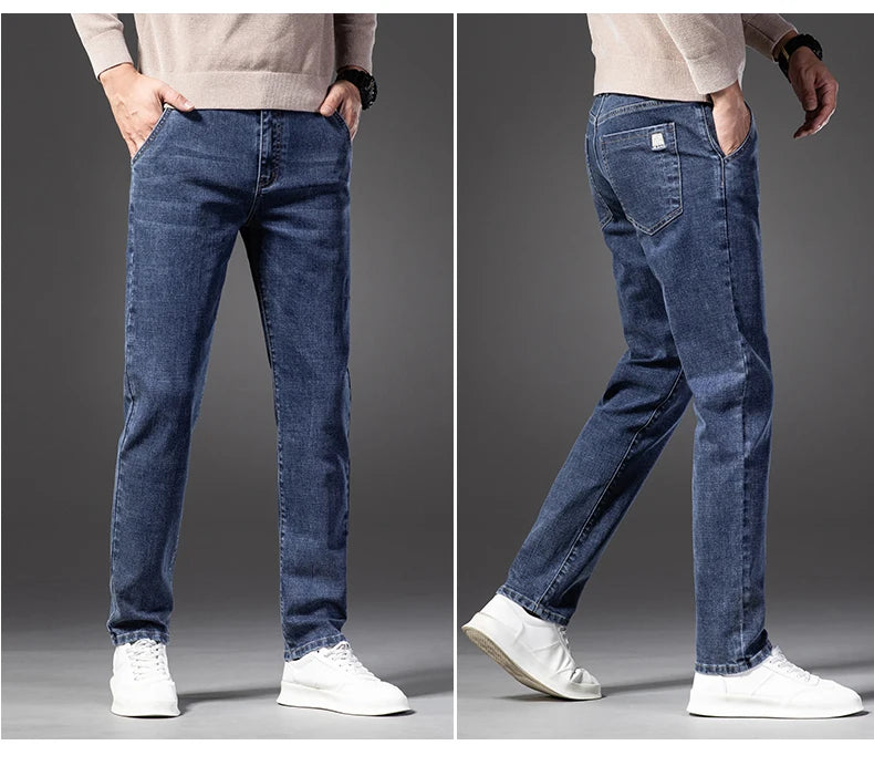 Autumn Men’s Classic Blue Slim Fit Straight Jeans – High Quality Casual Denim