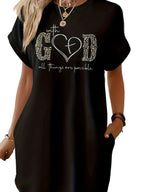 Women’s Casual Knit T-Shirt Dress with “GOD” Letter Print – Crew Neck Short Sleeve