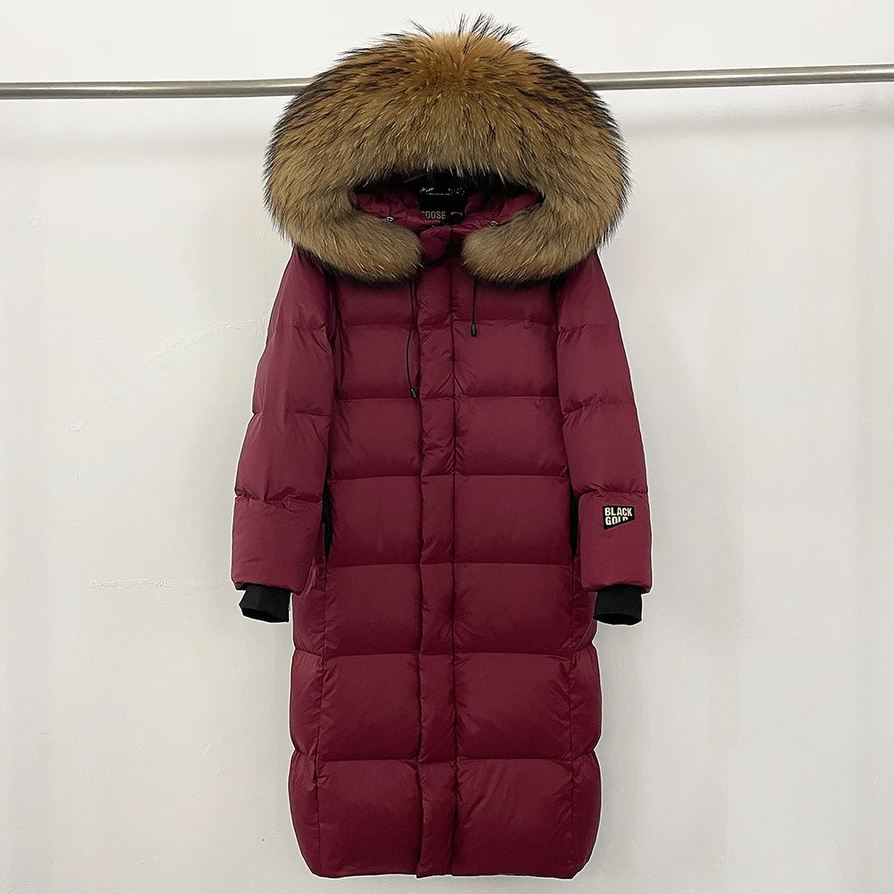Reality Fur Over-the-Knee Puffer Jacket – Women’s Winter Coat with Raccoon Fur Hood