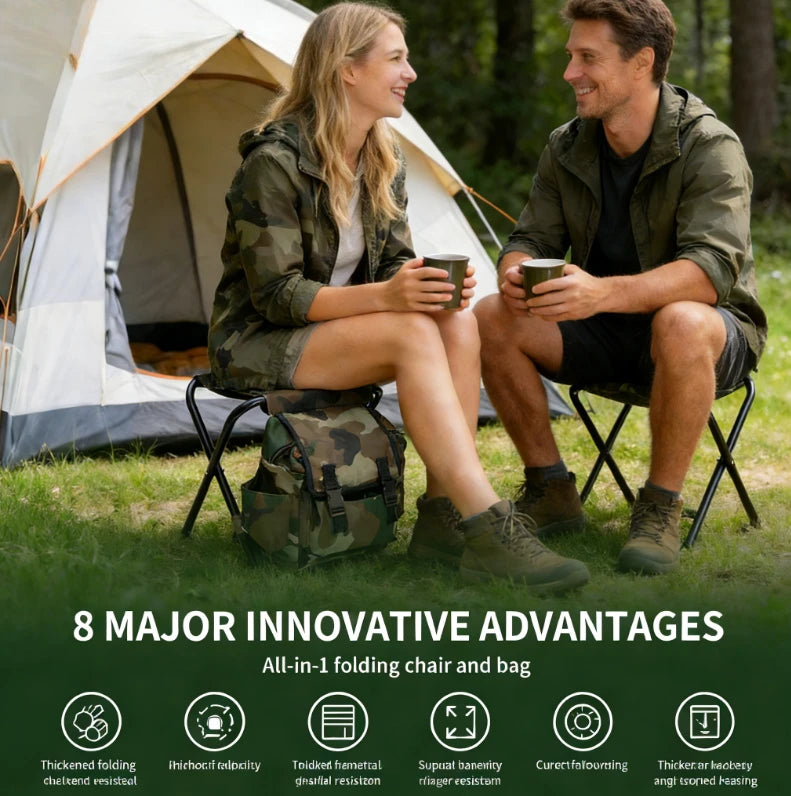 Folding Camping Stool Backpack Chair – Portable Fishing Seat with Storage Bag