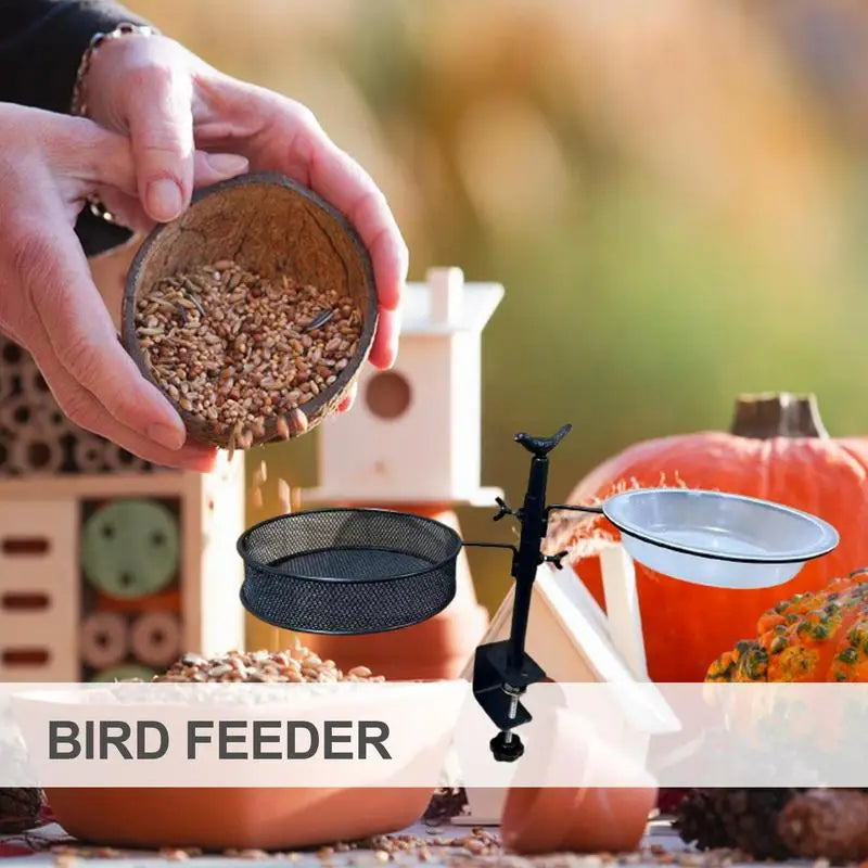 2-in-1 Deck Mounted Bird Feeder with Mesh Tray & Flower Pot Stand – 360° Rotating Feeding Station for Balcony, Deck & Garden Railings