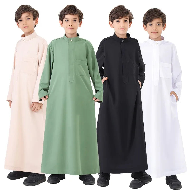 Arab Boys Traditional Long Robe – Pure Color Stand Collar Muslim Clothing for Kids
