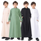 Arab Boys Traditional Long Robe – Pure Color Stand Collar Muslim Clothing for Kids