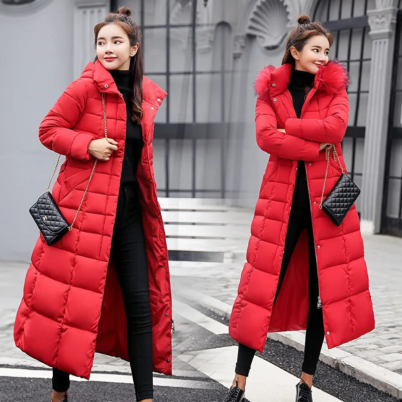 Winter Women’s Long Parka Coat – Fox Fur Collar with Bow Belt