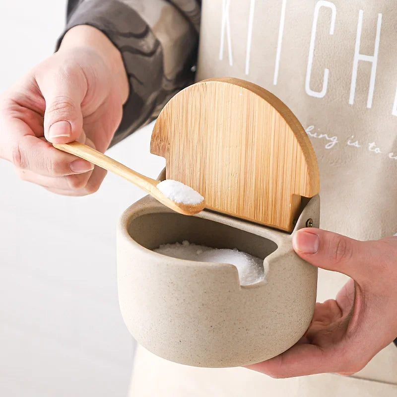 Japanese Style Ceramic Spice Jar with Bamboo Lid & Spoon – Kitchen Storage Box