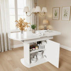 Table de salle à manger ovale extensible, peu encombrante et multifonctionnelle avec rangement – Blanc avec poignées argentées