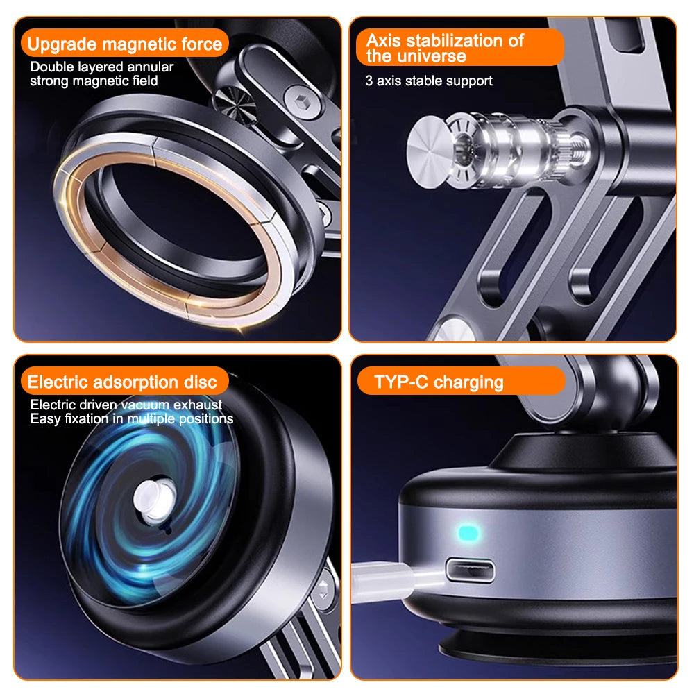 X93 Magnetic Vacuum Phone Holder – Foldable 360° Rotating Electric Suction Mount for Car, Kitchen, Gym & Desk