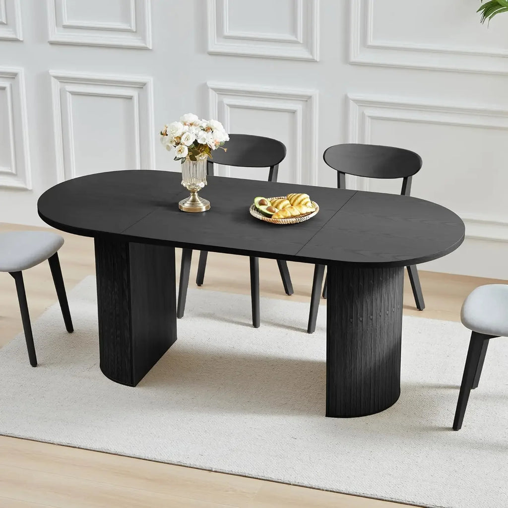 Table de cuisine ronde extensible avec piétement cannelé, style ferme moderne, table de salle à manger extensible de 104 cm à 198 cm pour 4 à 8 personnes