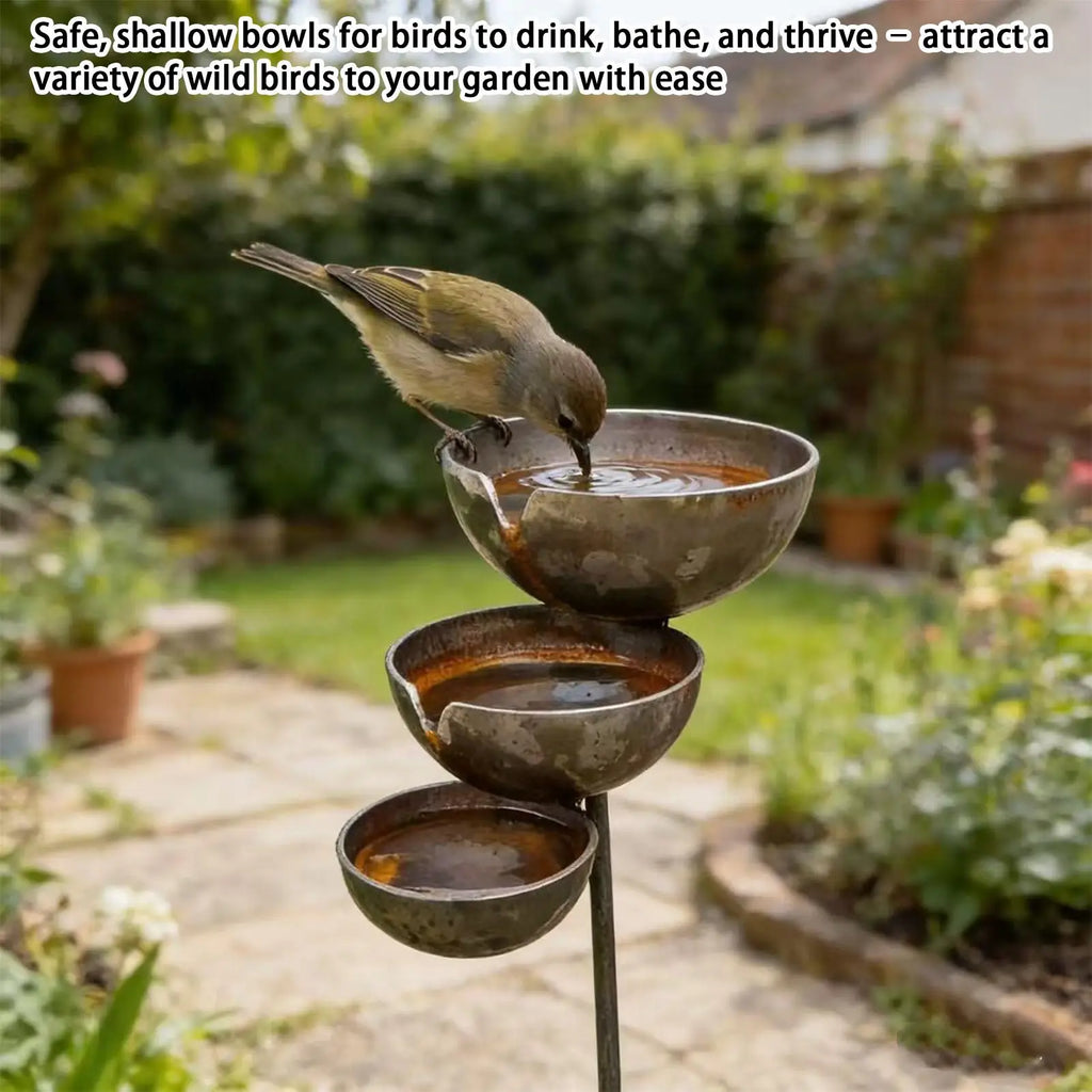 3-Tier Bee & Bird Water Station with Garden Stake – Decorative Outdoor Water Bowl for Bees, Butterflies & Birds